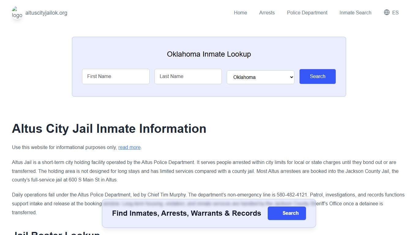 Altus Jail, OK Inmate Roster, Municipal Jail Info